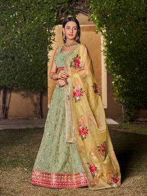  Pista-Yellow Dori Zari Sequins Embroidered Georgette Lehenga Choli For Wedding 4
