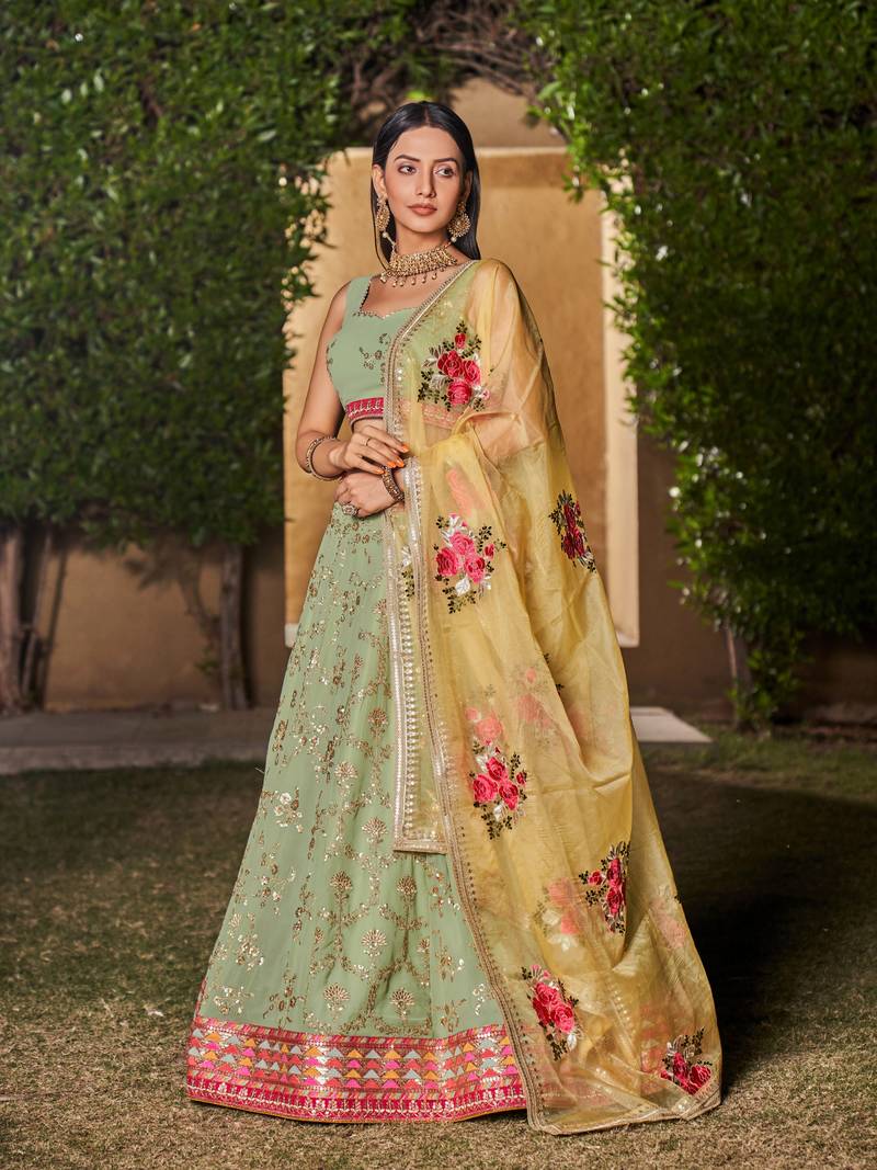  Pista-Yellow Dori Zari Sequins Embroidered Georgette Lehenga Choli For Wedding