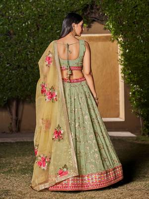  Pista-Yellow Dori Zari Sequins Embroidered Georgette Lehenga Choli For Wedding 5