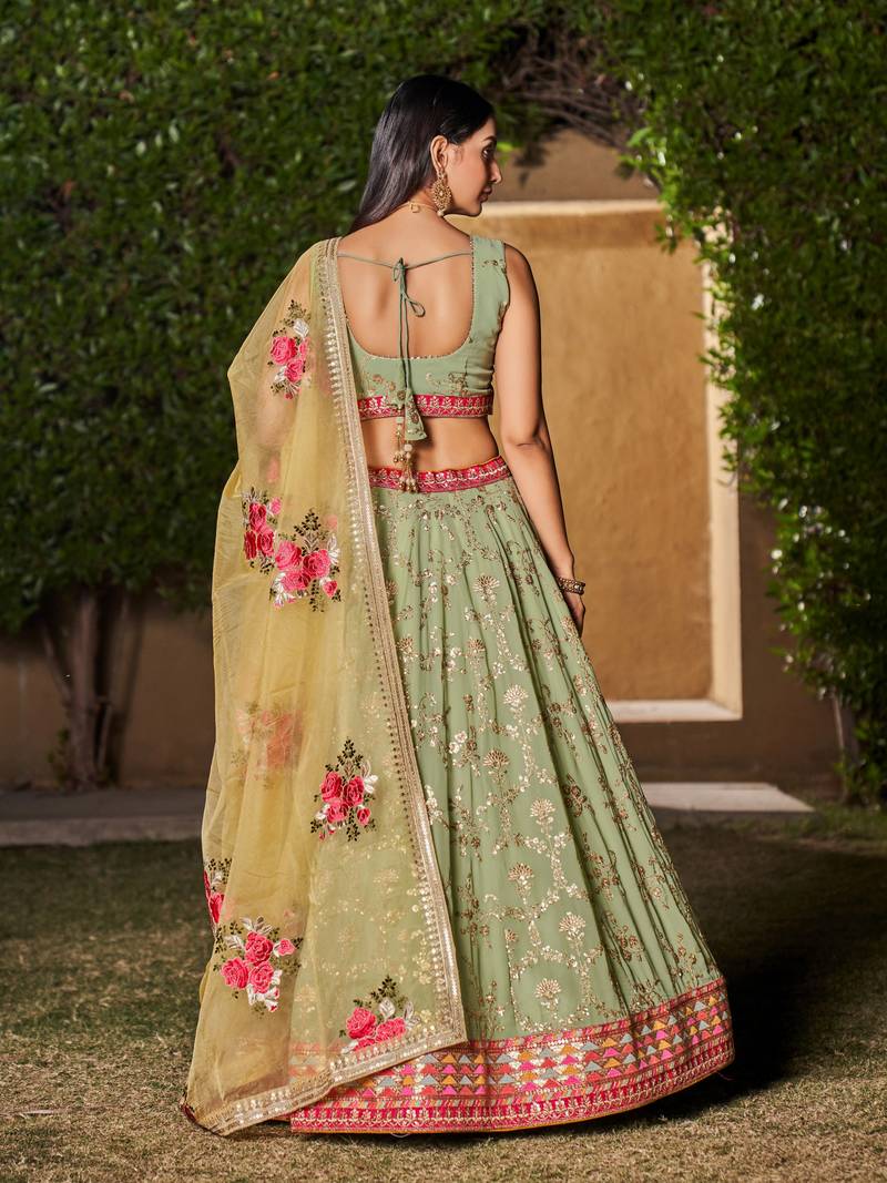  Pista-Yellow Dori Zari Sequins Embroidered Georgette Lehenga Choli For Wedding