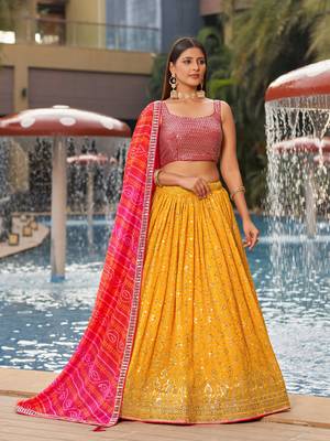 Fantastic Yellow-Pink Dori Zari Sequins Embroidered Georgette Lehenga Choli For Party 1