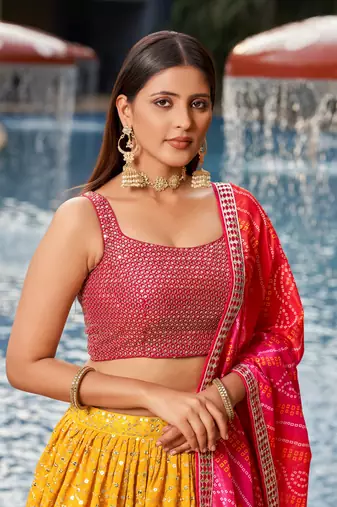 Fantastic Yellow-Pink Dori Zari Sequins Embroidered Georgette Lehenga Choli For Party