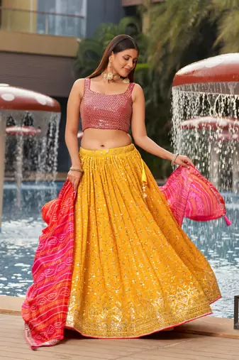 Fantastic Yellow-Pink Dori Zari Sequins Embroidered Georgette Lehenga Choli For Party