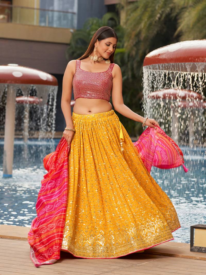 Fantastic Yellow-Pink Dori Zari Sequins Embroidered Georgette Lehenga Choli For Party
