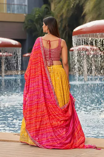 Fantastic Yellow-Pink Dori Zari Sequins Embroidered Georgette Lehenga Choli For Party