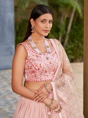 Phenomenal Pink Dori Zari Sequins And Thread Embroidered Georgette Lehenga Choli For Women 3