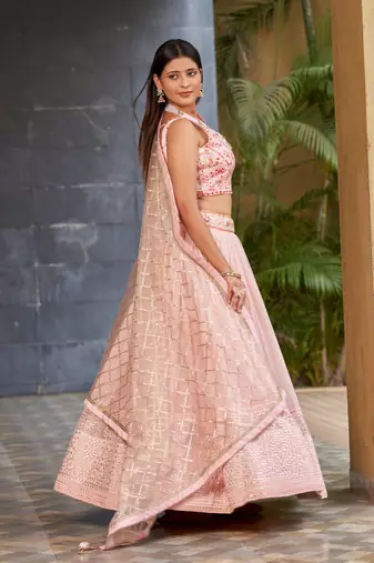 Phenomenal Pink Dori Zari Sequins And Thread Embroidered Georgette Lehenga Choli For Women