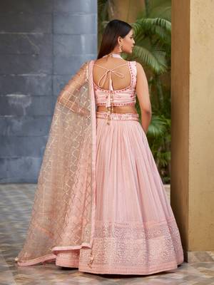 Phenomenal Pink Dori Zari Sequins And Thread Embroidered Georgette Lehenga Choli For Women 5