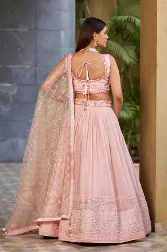 Phenomenal Pink Dori Zari Sequins And Thread Embroidered Georgette Lehenga Choli For Women