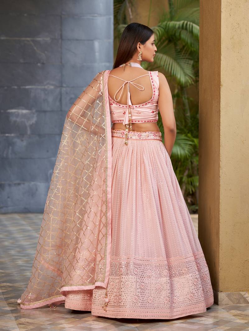 Phenomenal Pink Dori Zari Sequins And Thread Embroidered Georgette Lehenga Choli For Women