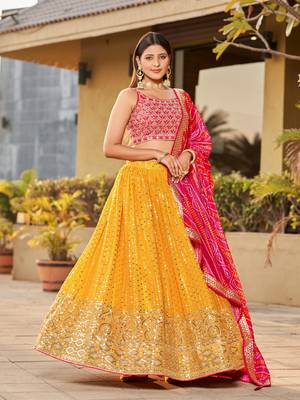 Yellow-Pink Zari Sequins Embroidered Art Silk Lehenga Choli 1