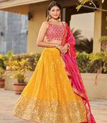 Yellow-Pink Zari Sequins Embroidered Art Silk Lehenga Choli