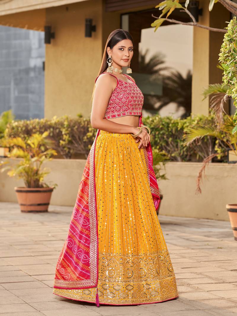 Yellow-Pink Zari Sequins Embroidered Art Silk Lehenga Choli