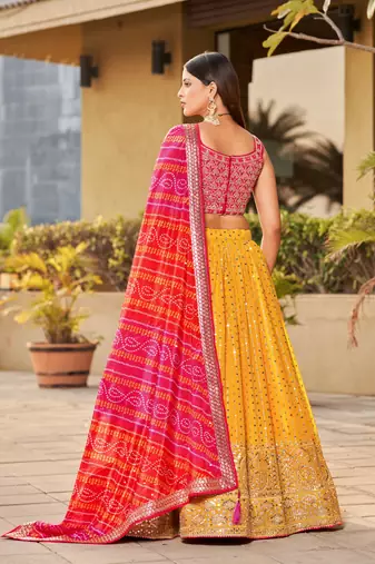 Yellow-Pink Zari Sequins Embroidered Art Silk Lehenga Choli
