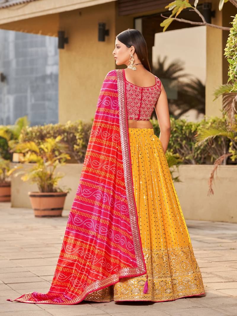Yellow-Pink Zari Sequins Embroidered Art Silk Lehenga Choli