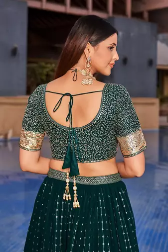 Green Dori Zari Sequins Embroidered Georgette Lehenga Choli For Wedding