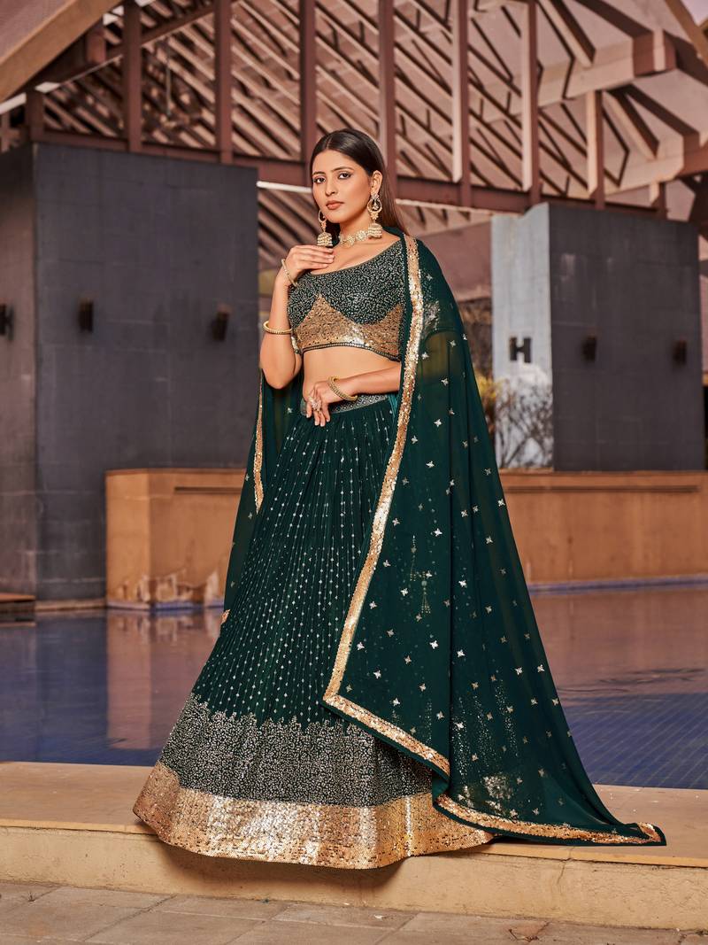 Green Dori Zari Sequins Embroidered Georgette Lehenga Choli For Wedding