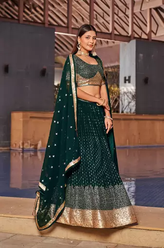 Green Dori Zari Sequins Embroidered Georgette Lehenga Choli For Wedding
