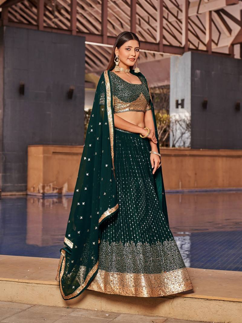 Green Dori Zari Sequins Embroidered Georgette Lehenga Choli For Wedding
