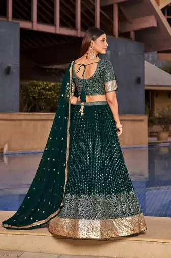 Green Dori Zari Sequins Embroidered Georgette Lehenga Choli For Wedding