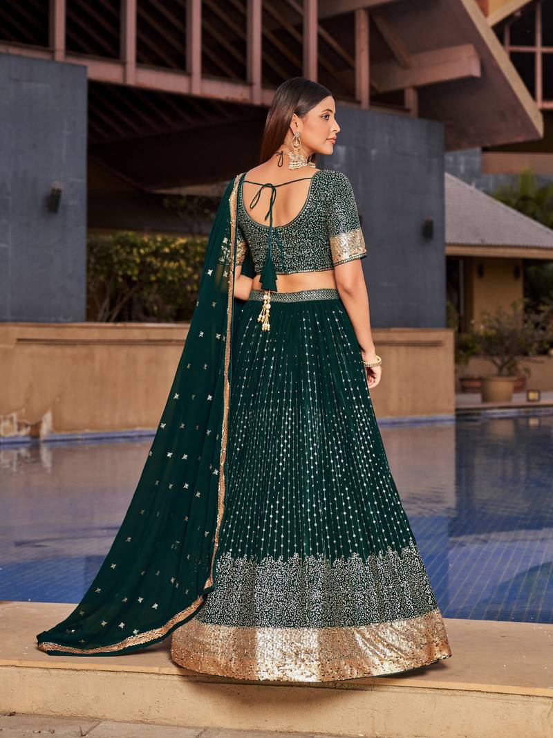 Green Dori Zari Sequins Embroidered Georgette Lehenga Choli For Wedding
