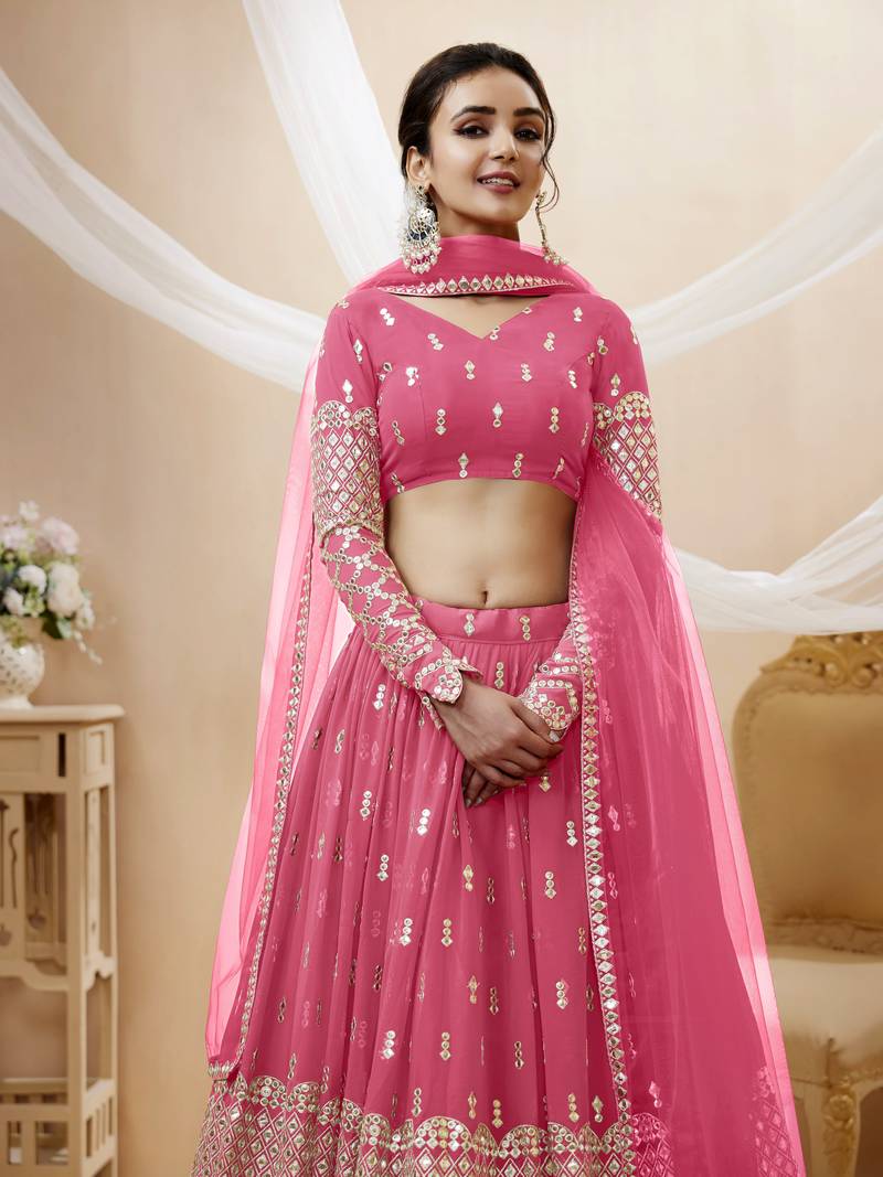 Pink Zari And Sequins Embroidered Georgette Lehenga Choli