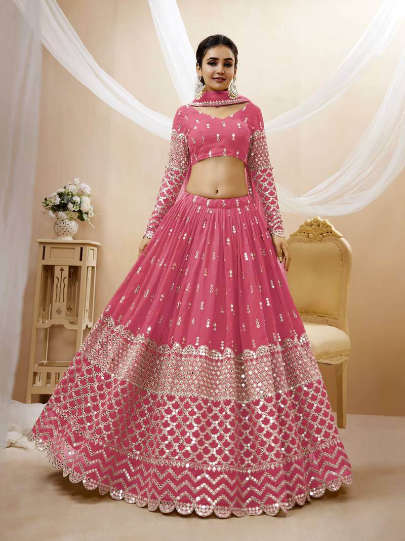 Pink Zari And Sequins Embroidered Georgette Lehenga Choli