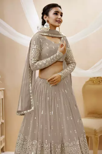 Grey Zari And Sequins Embroidered Georgette Lehenga Choli For Women