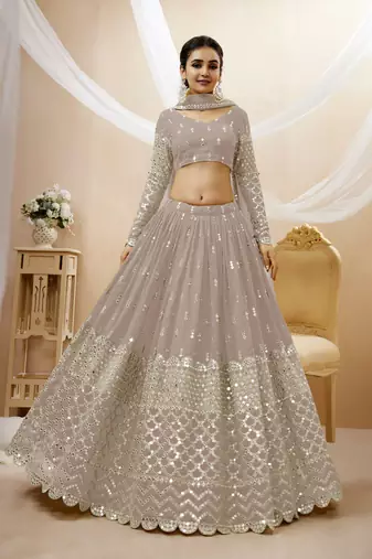 Grey Zari And Sequins Embroidered Georgette Lehenga Choli For Women