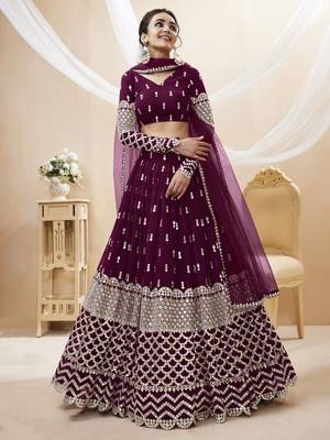  Wine Zari And Sequins Embroidered Georgette Lehenga Choli For Bride 1