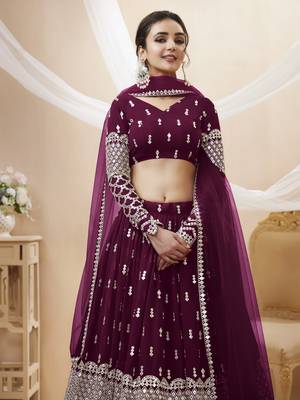  Wine Zari And Sequins Embroidered Georgette Lehenga Choli For Bride 2