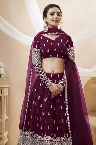  Wine Zari And Sequins Embroidered Georgette Lehenga Choli For Bride