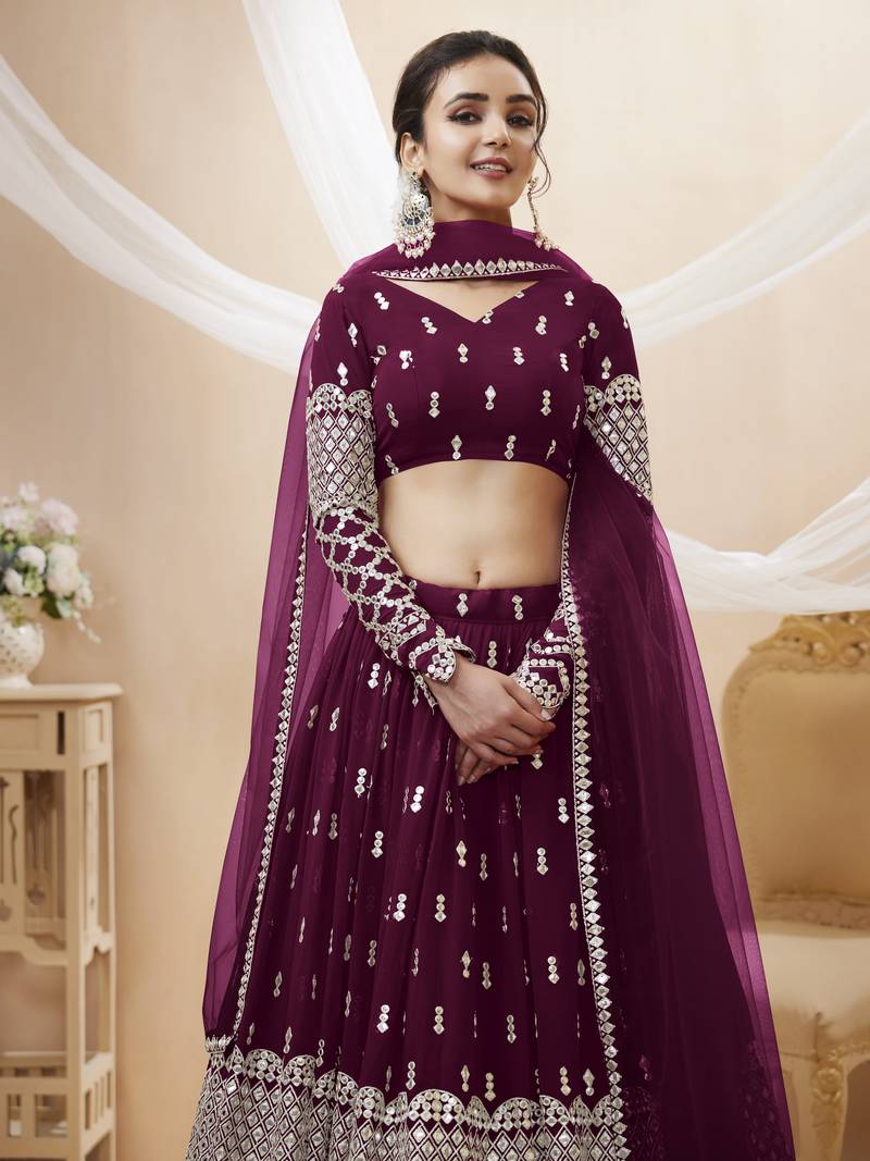  Wine Zari And Sequins Embroidered Georgette Lehenga Choli For Bride