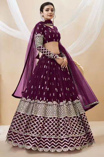  Wine Zari And Sequins Embroidered Georgette Lehenga Choli For Bride
