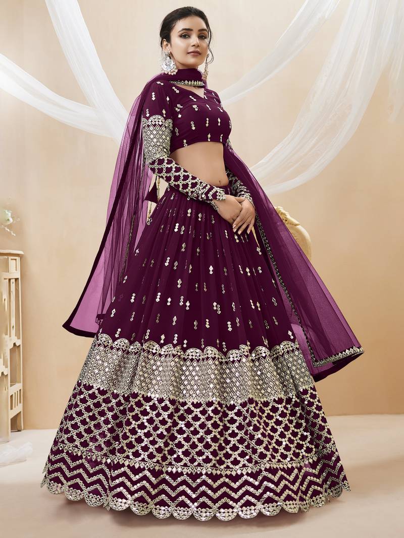  Wine Zari And Sequins Embroidered Georgette Lehenga Choli For Bride