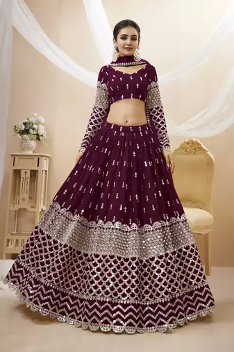  Wine Zari And Sequins Embroidered Georgette Lehenga Choli For Bride