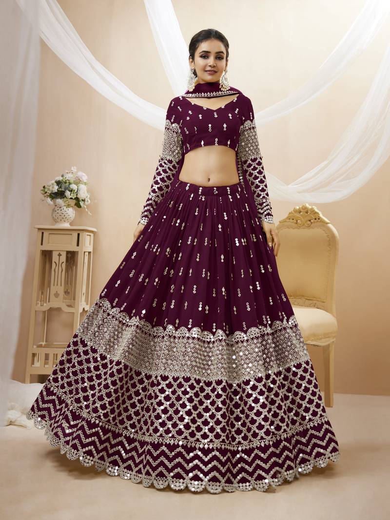  Wine Zari And Sequins Embroidered Georgette Lehenga Choli For Bride