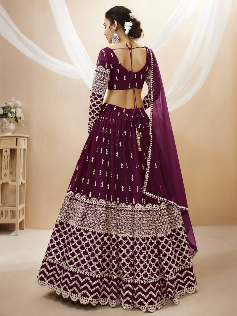  Wine Zari And Sequins Embroidered Georgette Lehenga Choli For Bride