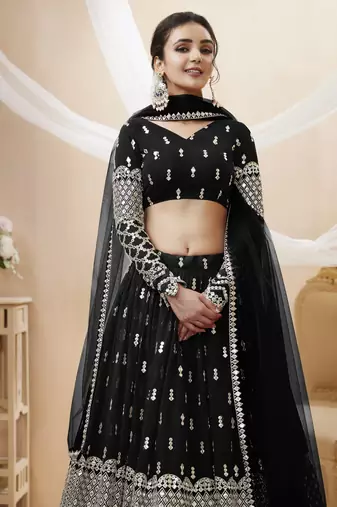 Black Zari And Sequins Embroidered Georgette Lehenga Choli For Bridal