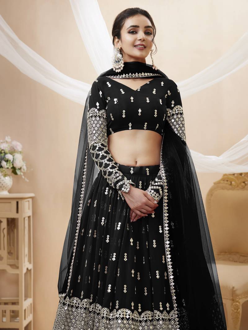 Black Zari And Sequins Embroidered Georgette Lehenga Choli For Bridal
