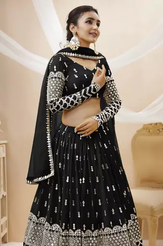 Black Zari And Sequins Embroidered Georgette Lehenga Choli For Bridal