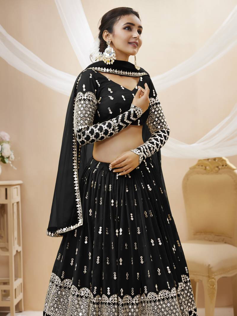 Black Zari And Sequins Embroidered Georgette Lehenga Choli For Bridal