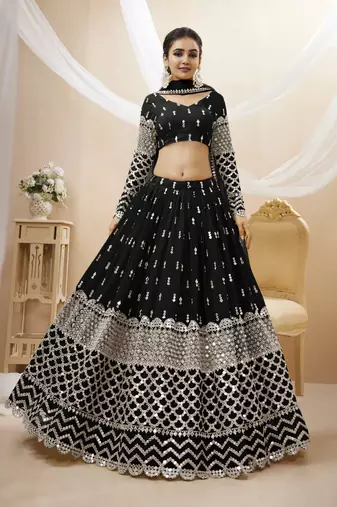 Black Zari And Sequins Embroidered Georgette Lehenga Choli For Bridal