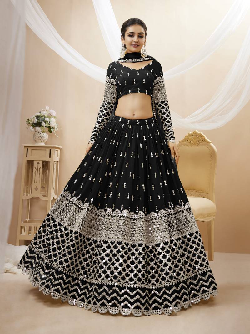 Black Zari And Sequins Embroidered Georgette Lehenga Choli For Bridal