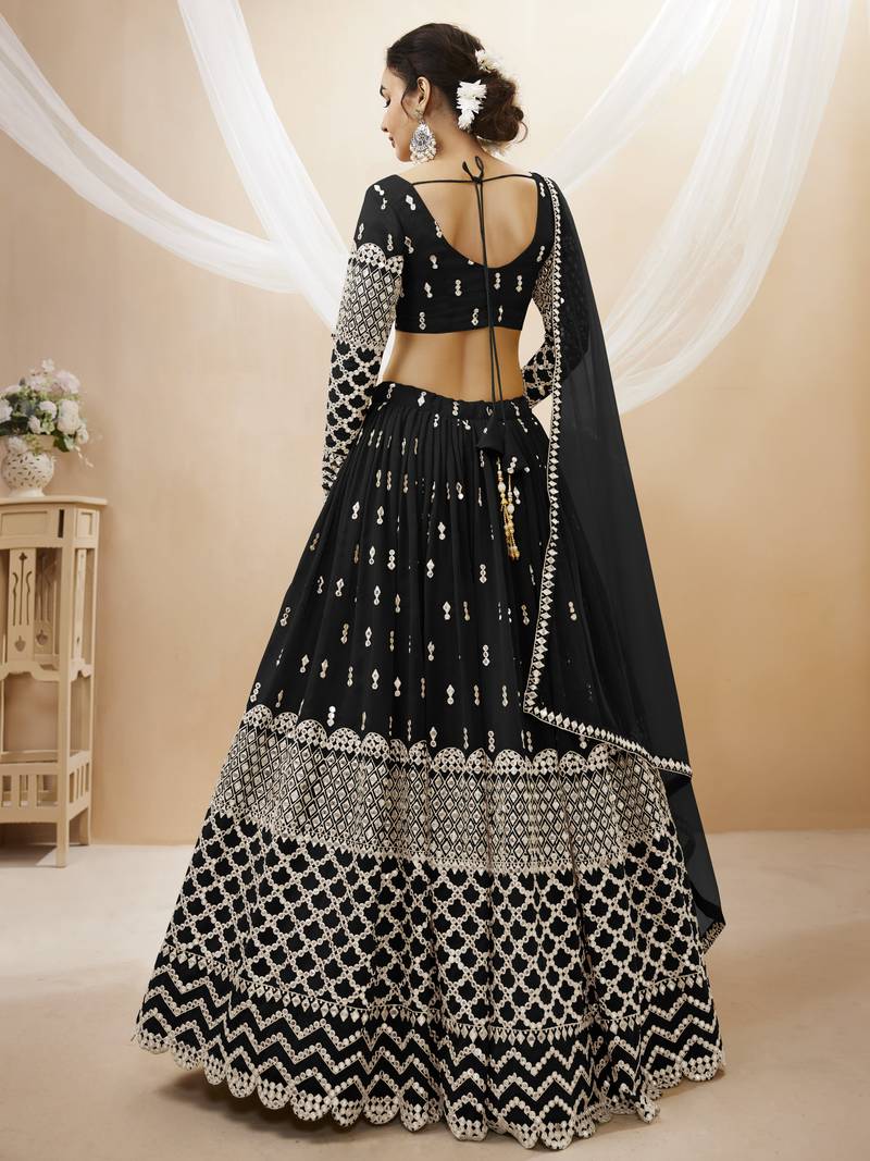 Black Zari And Sequins Embroidered Georgette Lehenga Choli For Bridal