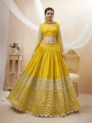 Yellow Zari And Sequins Embroidered Georgette Lehenga Choli For Wedding 1