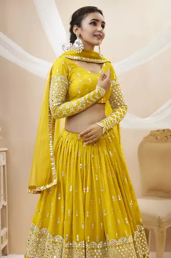 Yellow Zari And Sequins Embroidered Georgette Lehenga Choli For Wedding