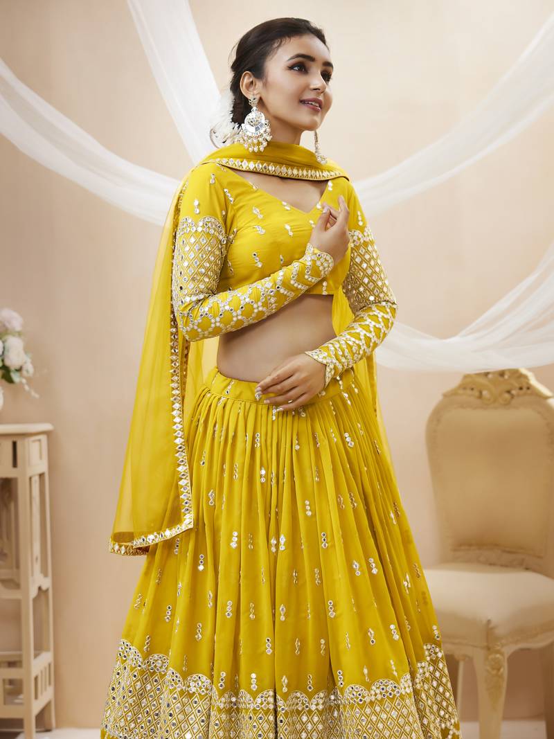 Yellow Zari And Sequins Embroidered Georgette Lehenga Choli For Wedding