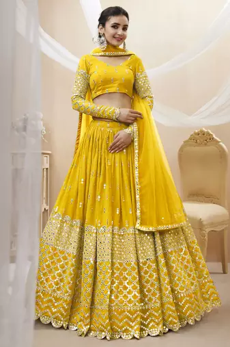 Yellow Zari And Sequins Embroidered Georgette Lehenga Choli For Wedding