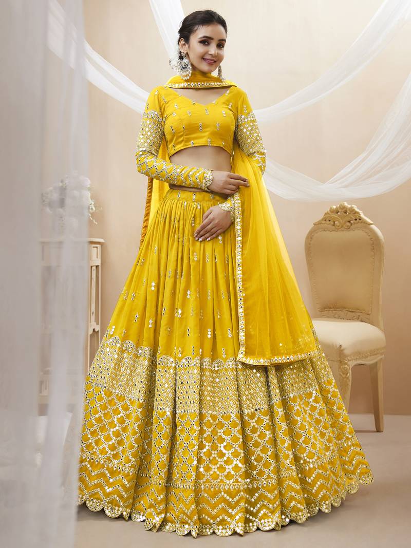 Yellow Zari And Sequins Embroidered Georgette Lehenga Choli For Wedding